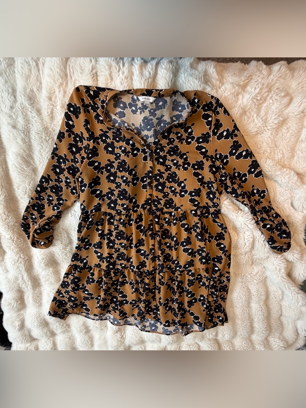 Nine West XXL Camel Black Floral Tiered Button Front Midi Dress Long Sleeve - Picture 3 of 6